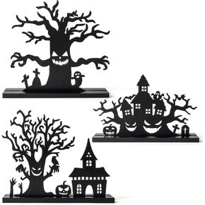 WATINC Halloween Wooden Centerpiece Decoration - 3Pcs Silhouette Haunted House Tree Wood Tabletop Decor, Black Sketch Horror Pumpkin Boo Detachable Tiered Tray Sign Table Topper for Home Kitchen Party