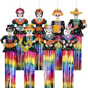 Kigley 8 Pcs Day of The Dead Sugar Skull Hanging Decorations Large Skeleton Dia De Los Muertos Party Decorations Sugar Skull Decor with Tassels Ropes for Halloween Party Outdoor Home 39.4 x 8.7 in