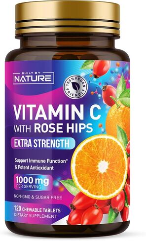 Built by Nature Chewable Vitamin C with Rose HIPS - 1000mg Immune Support Supplement - Non-GMO, Gluten-Free, Vegan - Powerful Antioxidant for Energy & Collagen Boost - Orange Flavor – 120 Tablets in Kuwait