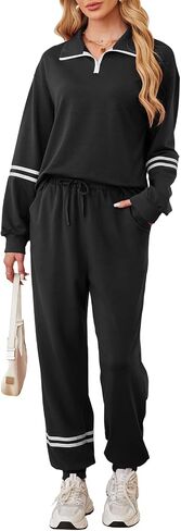 Dokuritu Sweatsuits Women 2 Piece Outfit Half Zip Striped Pullover Tops Long Sweatpants Sweat Set Tracksuit with Pockets in Saudi Arabia