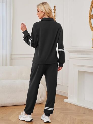 Dokuritu Sweatsuits Women 2 Piece Outfit Half Zip Striped Pullover Tops Long Sweatpants Sweat Set Tracksuit with Pockets in Saudi Arabia