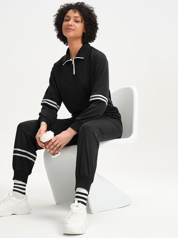 Dokuritu Sweatsuits Women 2 Piece Outfit Half Zip Striped Pullover Tops Long Sweatpants Sweat Set Tracksuit with Pockets in Saudi Arabia