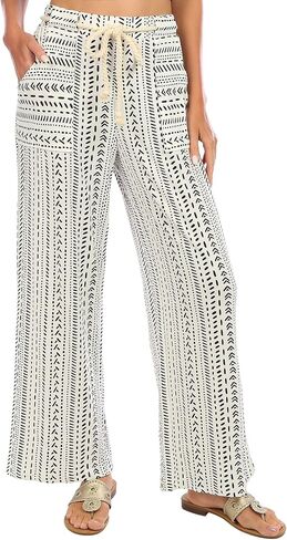 Women's Patterned Straight Leg, Full Length Pants with Rope Belt, in Saudi Arabia