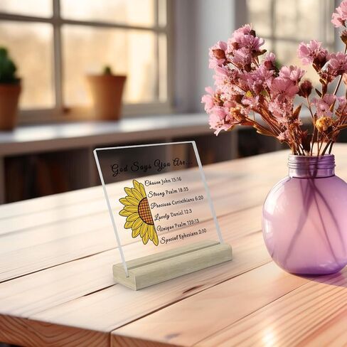 Christian Sunflower Gifts Clear Desk Decorative Sign Bible Verses Gift Inspirational Scripture Gift Religious Gifts Baptism Gifts Birthday Christmas Gift Christian Acrylic Plaque with Wooden Stand in Saudi Arabia