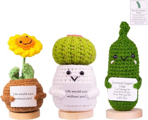 3PCS Funny Positive Potato Eggplant Corn Gift, Cute Crochet Potato Knitted Doll Decoration with Front Card, Wooden Base for Birthday Gift Home Decoration(A2) in Saudi Arabia