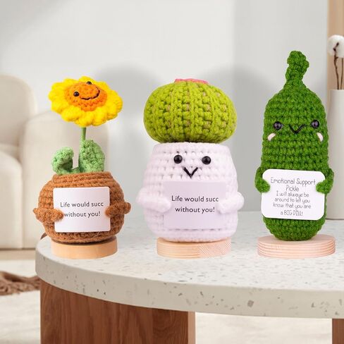 3PCS Funny Positive Potato Eggplant Corn Gift, Cute Crochet Potato Knitted Doll Decoration with Front Card, Wooden Base for Birthday Gift Home Decoration(A2) in Saudi Arabia