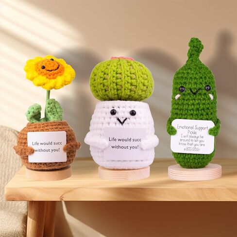3PCS Funny Positive Potato Eggplant Corn Gift, Cute Crochet Potato Knitted Doll Decoration with Front Card, Wooden Base for Birthday Gift Home Decoration(A2) in Saudi Arabia