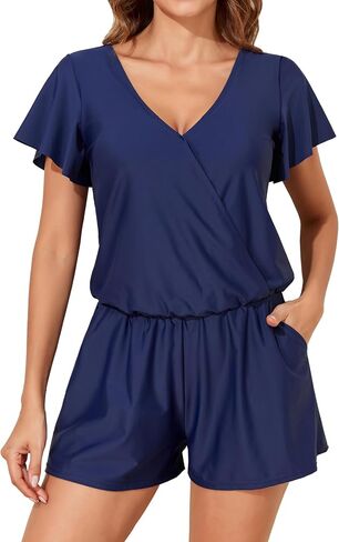 Smismivo Swim Romper with Built in Bra and Pockets One Piece Swimsuit Shorts Modest Bathing Suit for Women in Saudi Arabia