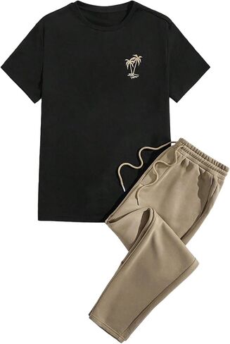 GORGLITTER Men's Tropical Tree Print Outfit 2 Piece Crewneck Tee Top Drawstring Waist Sweatpants Set in Saudi Arabia