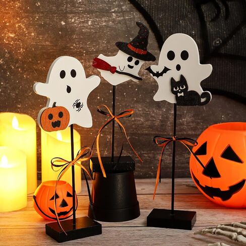3 Pcs Halloween Ghost Table Decorations Indoor Wooden Cute Halloween Decor Ghost Table Centerpiece Halloween Tiered Tray Decor for Indoor Office Table Party Kid Gifts in Saudi Arabia