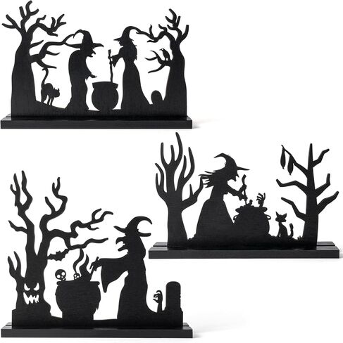 WATINC Halloween Wooden Centerpiece Decoration - 3Pcs Silhouette Haunted House Tree Wood Tabletop Decor, Black Sketch Horror Pumpkin Boo Detachable Tiered Tray Sign Table Topper for Home Kitchen Party in Saudi Arabia
