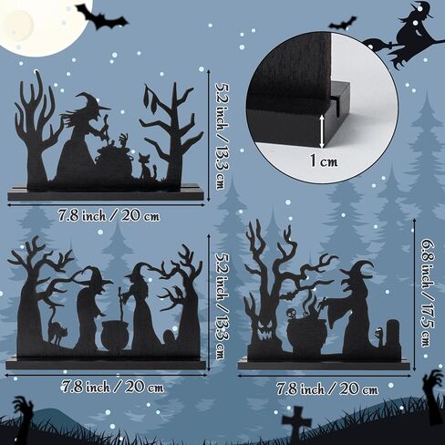 WATINC Halloween Wooden Centerpiece Decoration - 3Pcs Silhouette Haunted House Tree Wood Tabletop Decor, Black Sketch Horror Pumpkin Boo Detachable Tiered Tray Sign Table Topper for Home Kitchen Party in Saudi Arabia