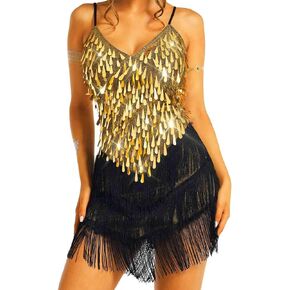 TWINKLEDE Sequin Tassel Dress for Women Sparkly Fringe V-Neck Strap Dresses Glitter Latin Samba Tango Dance Costumes