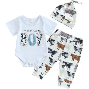 Newborn Baby Boy Coming Home Outfit Western Cowboy Clothes Boots Print Short Sleeve Romper Long Pants With Hat Set in Kuwait