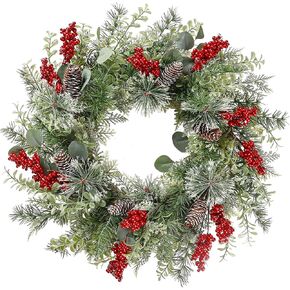 Sggvecsy 21 Inch Artificial Christmas Wreath for Front Door Xmas Red Berry Wreath with Pine Needles Pine Cones Eucalyptus Leaves Christmas Hanging Decorations for Wall Outdoor Home Window Decor
