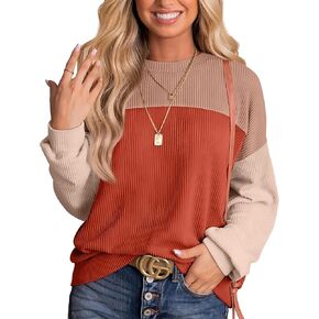 Womens Fashion 2024 Color Block Long Sleeve Crewneck Knitted Ribbed Shirts Loose Tunic Tops Casual Oversized Pullover