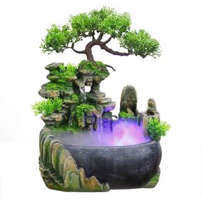 BRAVECOW Indoor Relaxation Desktop Fountain Waterfall with Atomizer and Automatic Pump Illuminated Waterfall Desktop Fountain for Home Office Bedroom Desk Decoration