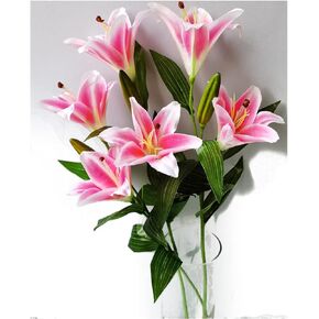 3 Pcs Artificial Lily Flowers Long Stem Full Bloom Fake Bouquets Each 3 Heads Home Hotel Office Decor Pink