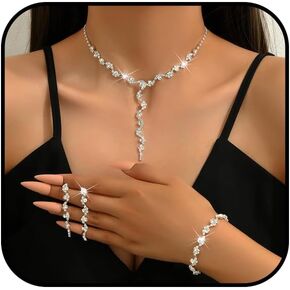 Silver Prom Jewelry Set - Wedding Jewelry Sets for Brides Bridesmaid Crystal Necklace Diamond Drop Earrings Rhinestone Bracelet Earrings Set for Wedding Bridal Prom Pageant