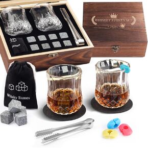 Whiskey Stones Gifts for Men, Anniversary Birthday Gifts White Elephant Gifts for Adult Men Him Dad Husband, Whiskey Glasses Set of 2 with Chilling Rocks, Bourbon Gifts Wooden Box