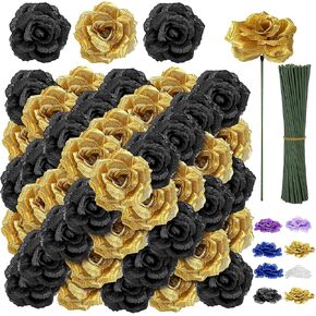 108pcs Roses Head Flowers with Stem - Black & Gold Graduation Artificial Flowers Rose Bulk - Silk Rose Fake Flower for Wedding Bouquet Decor DIY Baby Shower Centerpieces Grad Party Tables Decoration