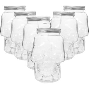 HOMSFOU Spooky Skull Clear Plastic Drink Bottle 6pcs Empty Refillable Drinking Bottles With Lids Milk Beverage Bottles Candy Cookies Jar For Halloween Party Supplies Events 800ml