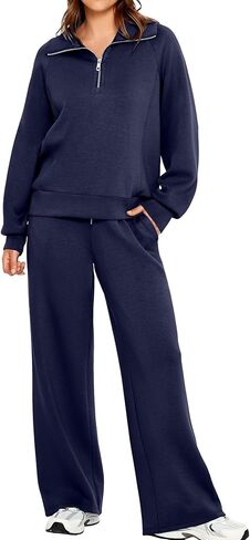 Glamaker طقم نسائي مكون من قطعتين من الصوف لصالة السفر ملابس للتمرين في المطار بدلة رياضية بنصف سحاب واسعة الساق بدلة رياضية لأساسيات الهواء in Kuwait