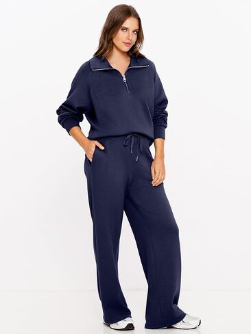 Glamaker طقم نسائي مكون من قطعتين من الصوف لصالة السفر ملابس للتمرين في المطار بدلة رياضية بنصف سحاب واسعة الساق بدلة رياضية لأساسيات الهواء in Kuwait