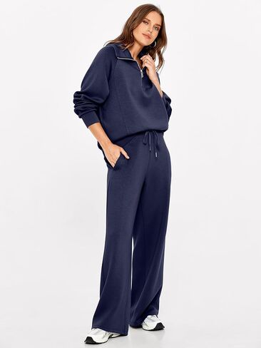 Glamaker طقم نسائي مكون من قطعتين من الصوف لصالة السفر ملابس للتمرين في المطار بدلة رياضية بنصف سحاب واسعة الساق بدلة رياضية لأساسيات الهواء in Kuwait