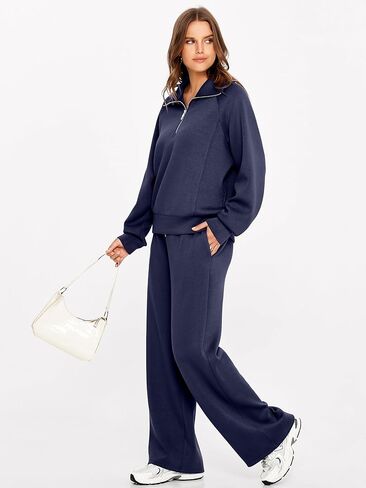 Glamaker طقم نسائي مكون من قطعتين من الصوف لصالة السفر ملابس للتمرين في المطار بدلة رياضية بنصف سحاب واسعة الساق بدلة رياضية لأساسيات الهواء in Kuwait