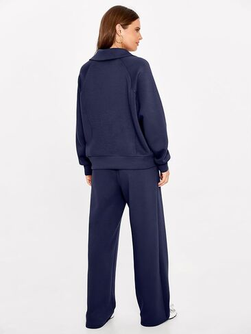 Glamaker طقم نسائي مكون من قطعتين من الصوف لصالة السفر ملابس للتمرين في المطار بدلة رياضية بنصف سحاب واسعة الساق بدلة رياضية لأساسيات الهواء in Kuwait