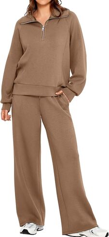Glamaker Women 2 Piece Sets Fleece Lounge Travel Workout Outfits Airport Half Zip Sweatsuit Wide Leg Air Essentials Tracksuit in Saudi Arabia