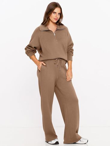 Glamaker Women 2 Piece Sets Fleece Lounge Travel Workout Outfits Airport Half Zip Sweatsuit Wide Leg Air Essentials Tracksuit in Saudi Arabia