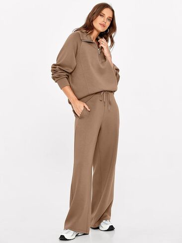 Glamaker Women 2 Piece Sets Fleece Lounge Travel Workout Outfits Airport Half Zip Sweatsuit Wide Leg Air Essentials Tracksuit in Saudi Arabia