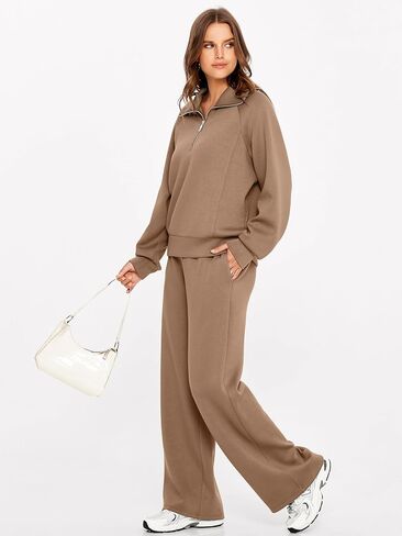 Glamaker Women 2 Piece Sets Fleece Lounge Travel Workout Outfits Airport Half Zip Sweatsuit Wide Leg Air Essentials Tracksuit in Saudi Arabia