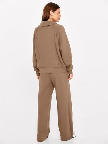 Glamaker Women 2 Piece Sets Fleece Lounge Travel Workout Outfits Airport Half Zip Sweatsuit Wide Leg Air Essentials Tracksuit in Saudi Arabia
