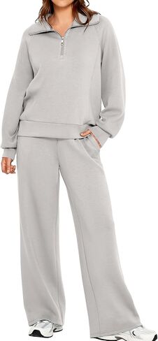 Glamaker Women 2 Piece Sets Fleece Lounge Travel Workout Outfits Airport Half Zip Sweatsuit Wide Leg Air Essentials Tracksuit in Saudi Arabia