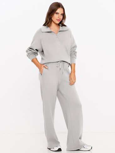 Glamaker Women 2 Piece Sets Fleece Lounge Travel Workout Outfits Airport Half Zip Sweatsuit Wide Leg Air Essentials Tracksuit in Saudi Arabia