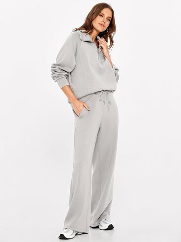 Glamaker Women 2 Piece Sets Fleece Lounge Travel Workout Outfits Airport Half Zip Sweatsuit Wide Leg Air Essentials Tracksuit in Saudi Arabia