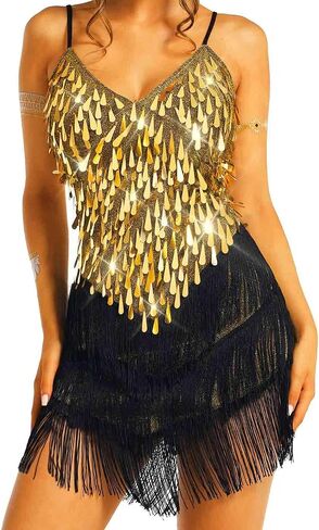 TWINKLEDE Sequin Tassel Dress for Women Sparkly Fringe V-Neck Strap Dresses Glitter Latin Samba Tango Dance Costumes in Saudi Arabia