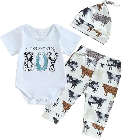 Newborn Baby Boy Coming Home Outfit Western Cowboy Clothes Boots Print Short Sleeve Romper Long Pants With Hat Set in Kuwait