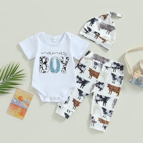 Newborn Baby Boy Coming Home Outfit Western Cowboy Clothes Boots Print Short Sleeve Romper Long Pants With Hat Set in Kuwait