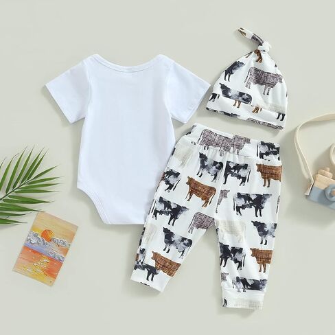 Newborn Baby Boy Coming Home Outfit Western Cowboy Clothes Boots Print Short Sleeve Romper Long Pants With Hat Set in Kuwait