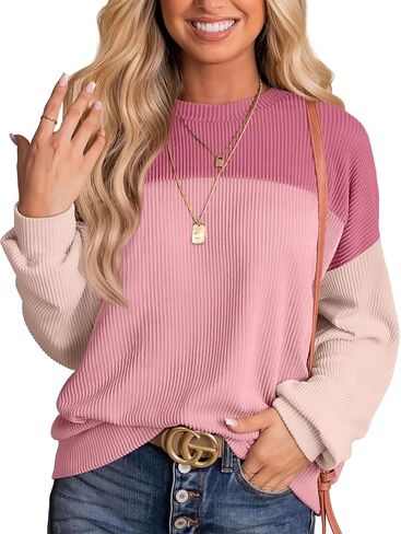 إمرأة موضة 2024 كتلة اللون كم طويل Crewneck محبوك مضلع قمصان فضفاضة تونك القمم عادية كنزة بمقاس كبير in Saudi Arabia