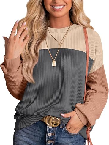 إمرأة موضة 2024 كتلة اللون كم طويل Crewneck محبوك مضلع قمصان فضفاضة تونك القمم عادية كنزة بمقاس كبير in Saudi Arabia