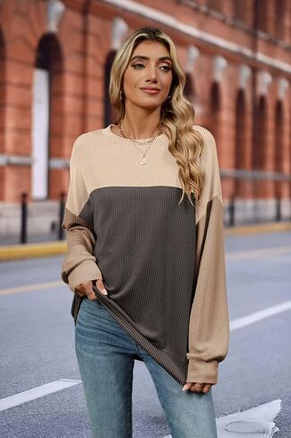 إمرأة موضة 2024 كتلة اللون كم طويل Crewneck محبوك مضلع قمصان فضفاضة تونك القمم عادية كنزة بمقاس كبير in Saudi Arabia