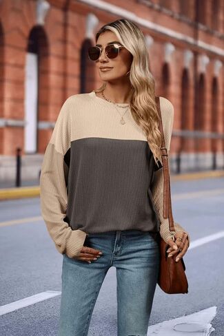 إمرأة موضة 2024 كتلة اللون كم طويل Crewneck محبوك مضلع قمصان فضفاضة تونك القمم عادية كنزة بمقاس كبير in Saudi Arabia