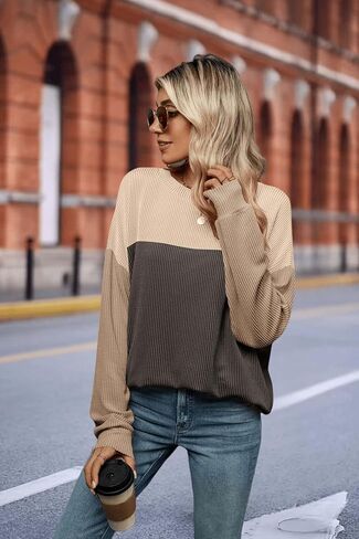 إمرأة موضة 2024 كتلة اللون كم طويل Crewneck محبوك مضلع قمصان فضفاضة تونك القمم عادية كنزة بمقاس كبير in Saudi Arabia