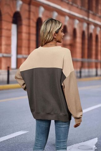 إمرأة موضة 2024 كتلة اللون كم طويل Crewneck محبوك مضلع قمصان فضفاضة تونك القمم عادية كنزة بمقاس كبير in Saudi Arabia