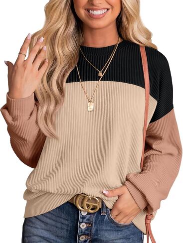 إمرأة موضة 2024 كتلة اللون كم طويل Crewneck محبوك مضلع قمصان فضفاضة تونك القمم عادية كنزة بمقاس كبير in Saudi Arabia